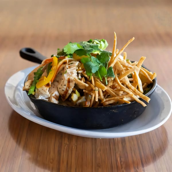 Omelette Factory Santee's breakfast skillet with chicken, peppers, cilantro, and crispy tortilla strips.